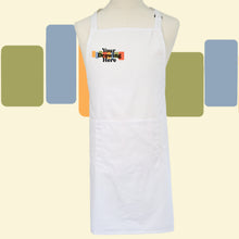 Load image into Gallery viewer, white chef's apron with "your drawing here" text on chest