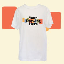 Load image into Gallery viewer, white youth tee with "your drawing here" text on chest