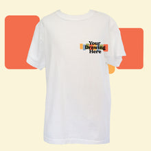 Load image into Gallery viewer, white youth tee with "your drawing here" text on chest