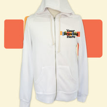 Load image into Gallery viewer, white zip up hoodie with "your drawing here" text on chest