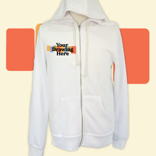 Load image into Gallery viewer, white zip up hoodie with "your drawing here" text on chest