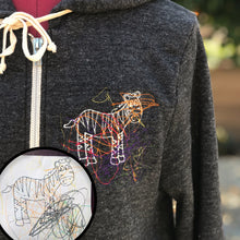 Load image into Gallery viewer, heather gray zip up hoodie with cream drawstring and custom embroidered kids drawing on left chest.  drawing is of a childrens coloring book page filled in by a two year old