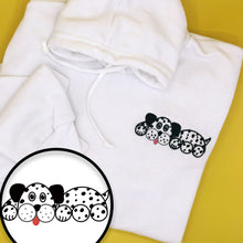 Load image into Gallery viewer, white hoodie with custom embroidered dog on left chest.  drawing is of a happy black and white dalmation with tongue sticking out