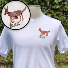 Load image into Gallery viewer, white crew neck short sleeve t-shirt with embroidery of brown dog named "Blue"