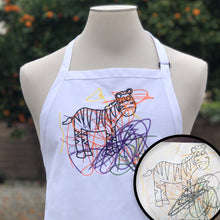 Load image into Gallery viewer, custom embroidered white chefs apron.  embroidery in yellow orange purple and green thread of coloring book zebra covered in childlike crayon swirls