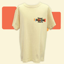 Load image into Gallery viewer, butter yellow youth tee with "your drawing here" text on chest