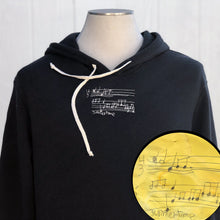 Load image into Gallery viewer, black hoodie with cream embroidery.  custom embroidered "summertime" musical notes son to father gift