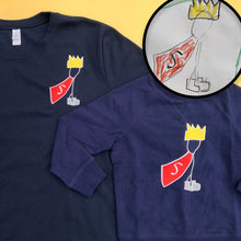 Load image into Gallery viewer, two blue sweatshirts with custom embroidery of a king superman stick figure childrens drawing