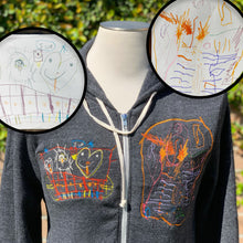 Load image into Gallery viewer, gray zip up hoodie with custom childrens drawings embroidered.  left chest is an orange and purple amoeba and right chest is a yellow and white heart family smiling over a red fence
