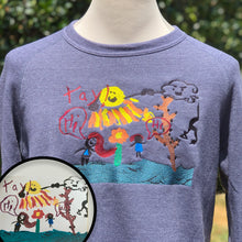 Load image into Gallery viewer, custom embroidery of a smiling and fist bumping sun and cloud over two friends standing in grass.  embroidered onto a crew neck blue sweatshirt
