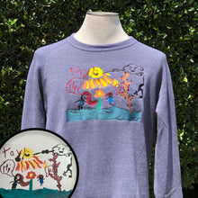 Load image into Gallery viewer, Childs drawing of two friends under a smiling sun and cloud.  Embroidered onto a blue crew neck sweatshirt
