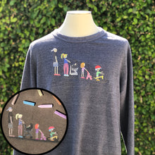 Load image into Gallery viewer, chalk drawing of family all facing left, embroidered onto blue crew neck sweatshirt
