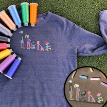 Load image into Gallery viewer, blue crew neck sweatshirt with embroidery of chalk drawing of dad, mom, baby, sister, and brother all standing in a line
