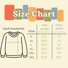 Load image into Gallery viewer, cream background with size chart for adult sweatshirts
