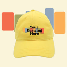 Load image into Gallery viewer, yellow baseball hat with &quot;your drawing here&quot; text on front
