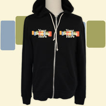 Load image into Gallery viewer, black zip up hoodie with &quot;your drawing here&quot; text on left and right chest

