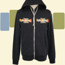Load image into Gallery viewer, charcoal heather gray zip up hoodie with &quot;your drawing here&quot; text on left and right chest

