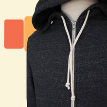 Load image into Gallery viewer, close detail shot of off-white drawstring and zipper on dark gray heathered zip up hoodie
