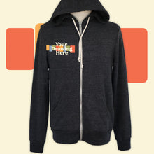 Load image into Gallery viewer, heather dark gray zip up hoodie with &quot;your drawing here&quot; text on chest
