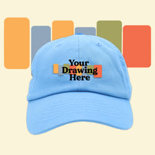 Load image into Gallery viewer, baby blue  kids baseball hat with &quot;your drawing here&quot; text on front
