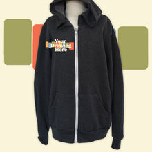 Load image into Gallery viewer, youth dark heather gray zip up hoodie with &quot;your drawing here&quot; text on chest
