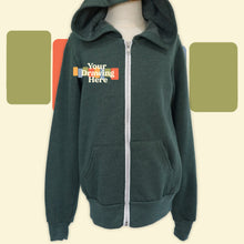 Load image into Gallery viewer, youth green zip up hoodie with &quot;your drawing here&quot; text on chest
