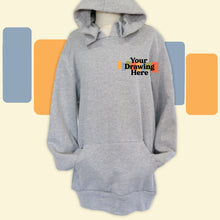 Load image into Gallery viewer, light heather grey youth hoodie with &quot;your drawing here&quot; text on chest
