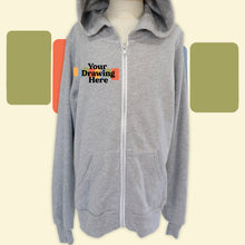 Load image into Gallery viewer, youth light heather grey zip up hoodie with &quot;your drawing here&quot; text on chest
