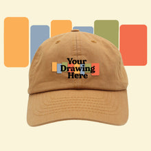 Load image into Gallery viewer, mustard brown kids baseball hat with &quot;your drawing here&quot; text on front
