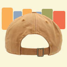 Load image into Gallery viewer, back detail of metal adjustment slider on back of mustard brown baseball hat
