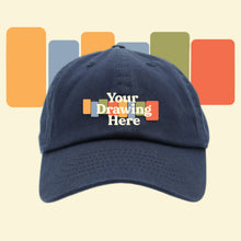 Load image into Gallery viewer, navy blue  kids baseball hat with &quot;your drawing here&quot; text on front
