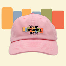 Load image into Gallery viewer, baby pink  kids baseball hat with &quot;your drawing here&quot; text on front
