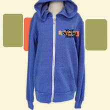 Load image into Gallery viewer, youth royal blue zip up hoodie with &quot;your drawing here&quot; text on chest

