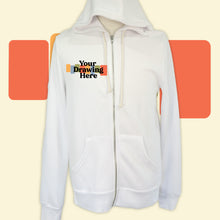 Load image into Gallery viewer, white zip up hoodie with &quot;your drawing here&quot; text on chest
