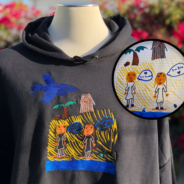 black hoodie with custom embroidery of kids doodle of two sisters at the beach, gift for grandpa