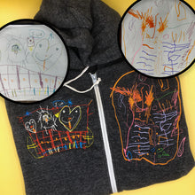 Load image into Gallery viewer, heather gray zip up hoodie with custom embroidery of two childrens drawings.  left chest has embroidery of orange pink and purple abstract amoeba, right chest has embroidery of red fence with yellow and white smiling hearts and kids
